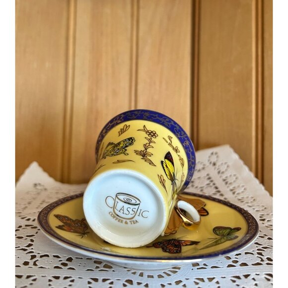 Vintage Fine Porcelain Espresso Yellow Butterfly Cup & Saucer Set Classic Coffee - Picture 8 of 8